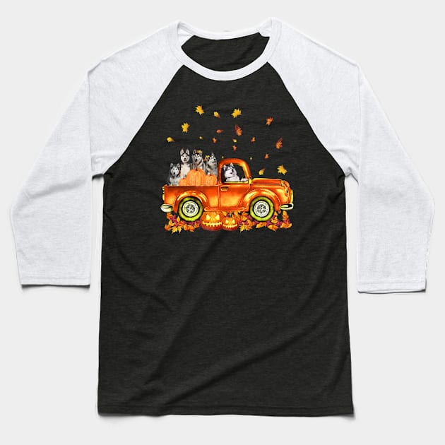 Husky Pumkin Car Autumne Halloween Baseball T-Shirt by Margaretsantana